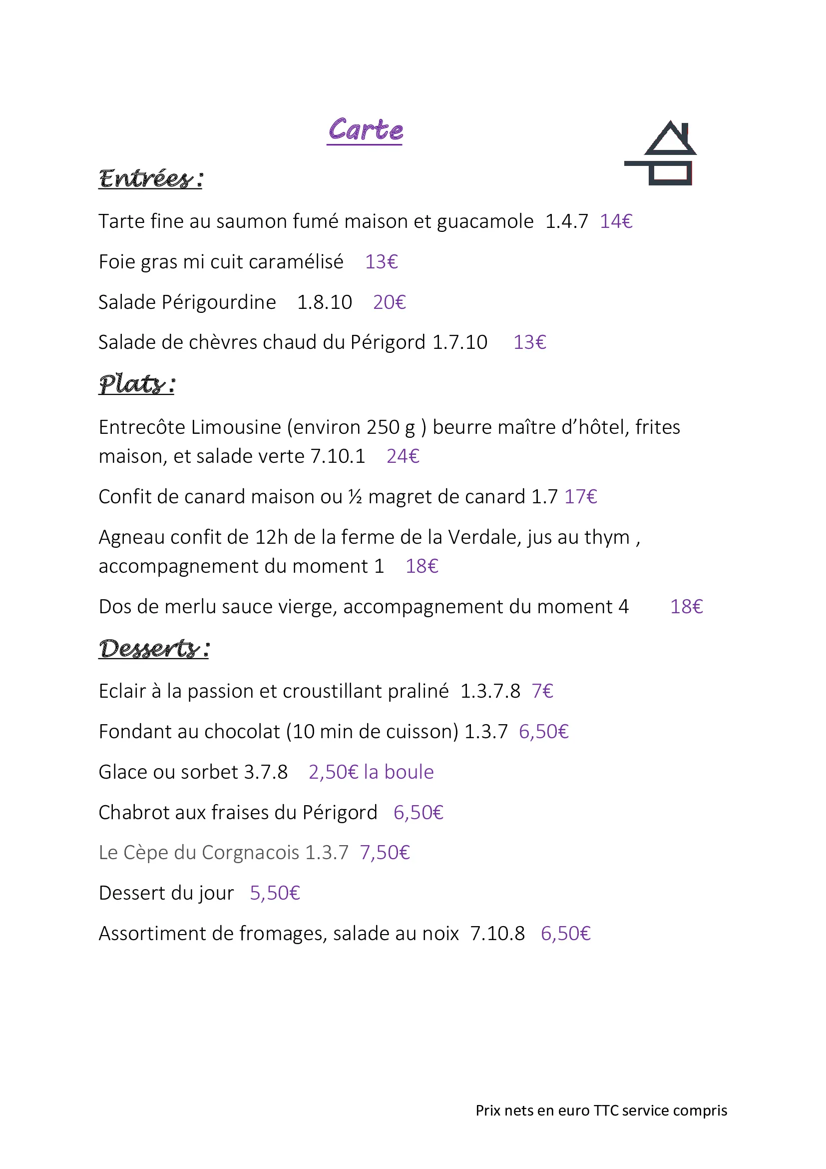 Carte du restaurant présentant les entrées, les plats, les desserts, les allergènes et les tarifs